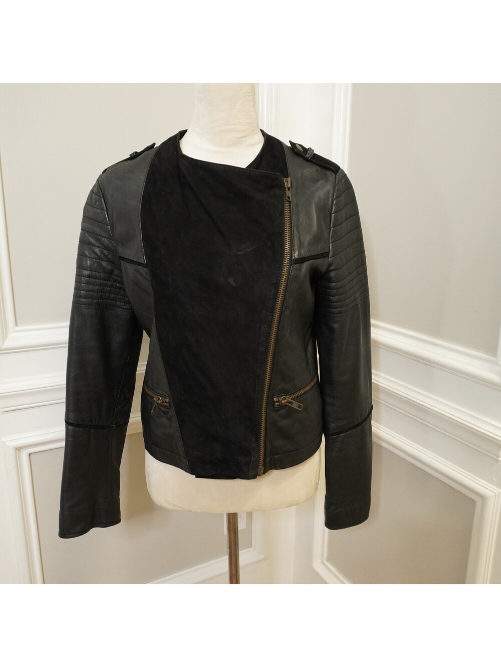 Black Leather and Suede Asymmetrical Zip Jacket with Quilted Sleeves